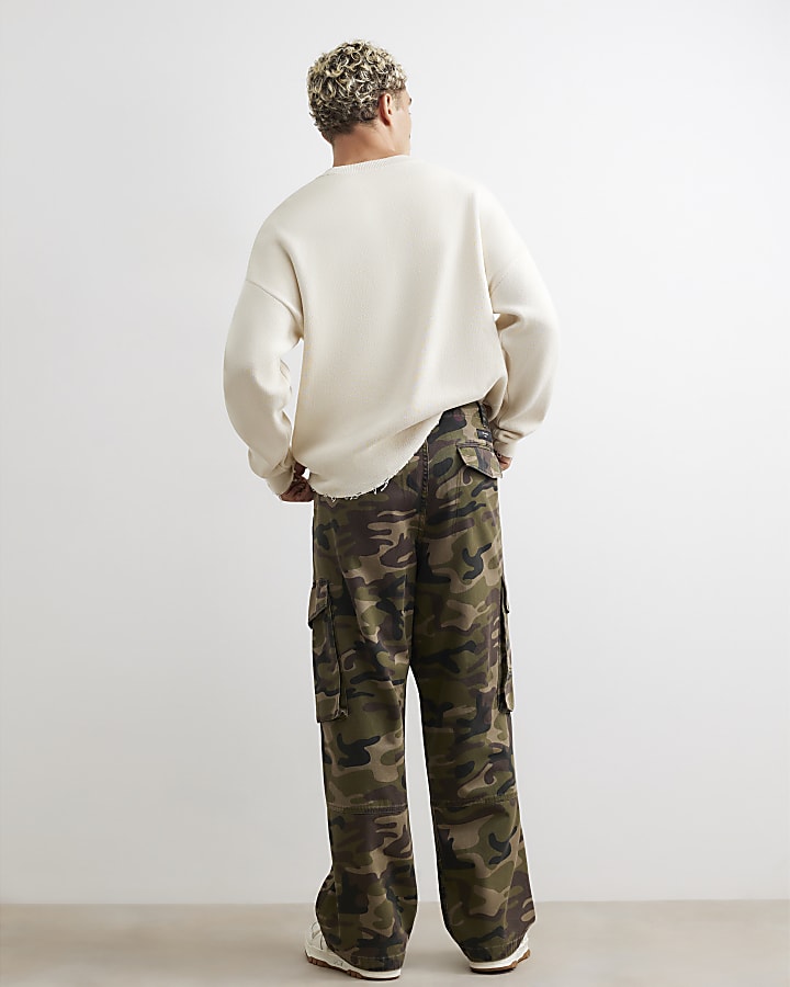 Khaki Regular Fit Camo Print Cargo Trousers