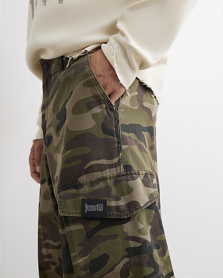 Khaki Regular Fit Camo Print Cargo Trousers