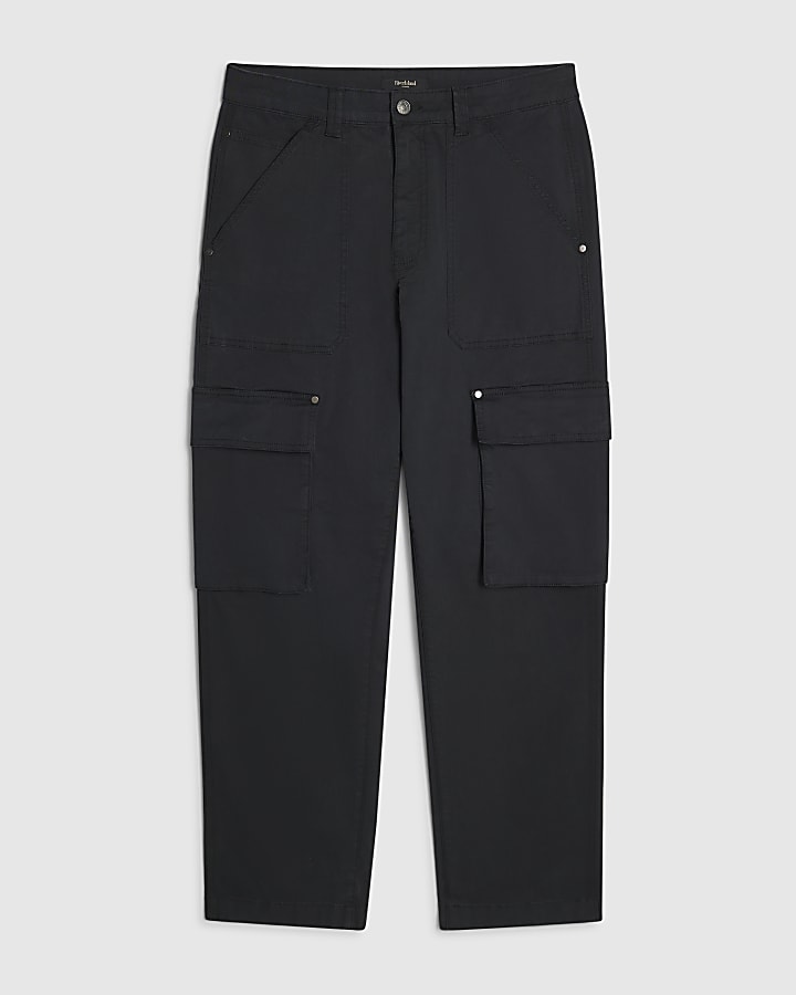 Black Loose Fit Cotton Cargo Trousers