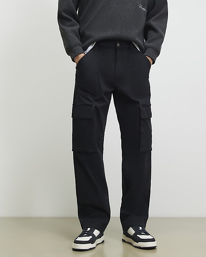 Black Loose Fit Cotton Cargo Trousers