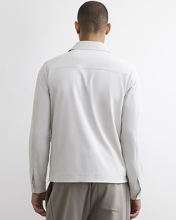 Ecru Muscle Fit Funnel Neck Cotton Shacket