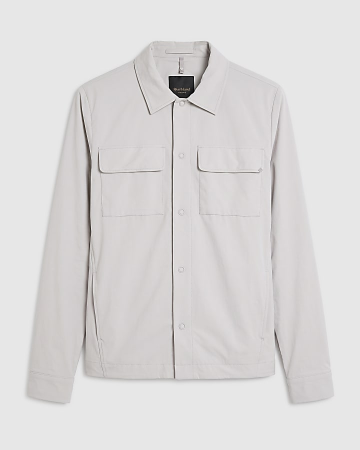 Ecru Muscle Fit Funnel Neck Cotton Shacket
