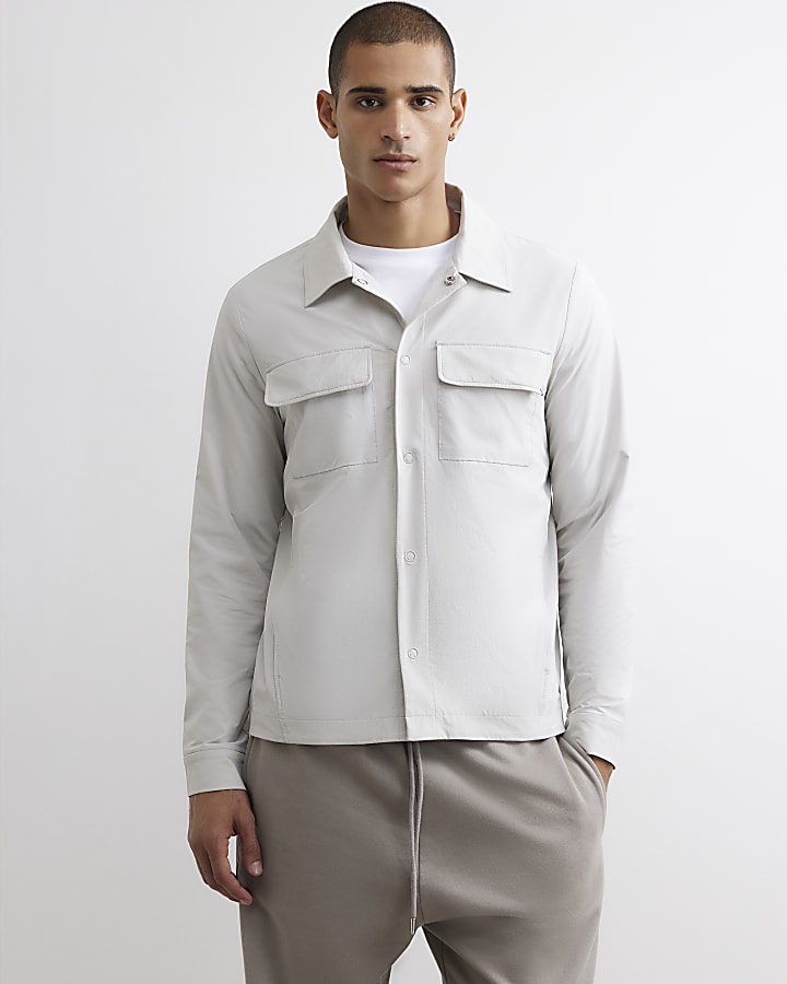 Ecru Muscle Fit Funnel Neck Cotton Shacket