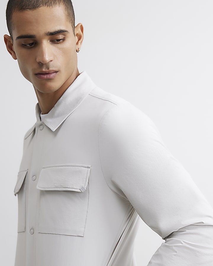 Ecru Muscle Fit Funnel Neck Cotton Shacket