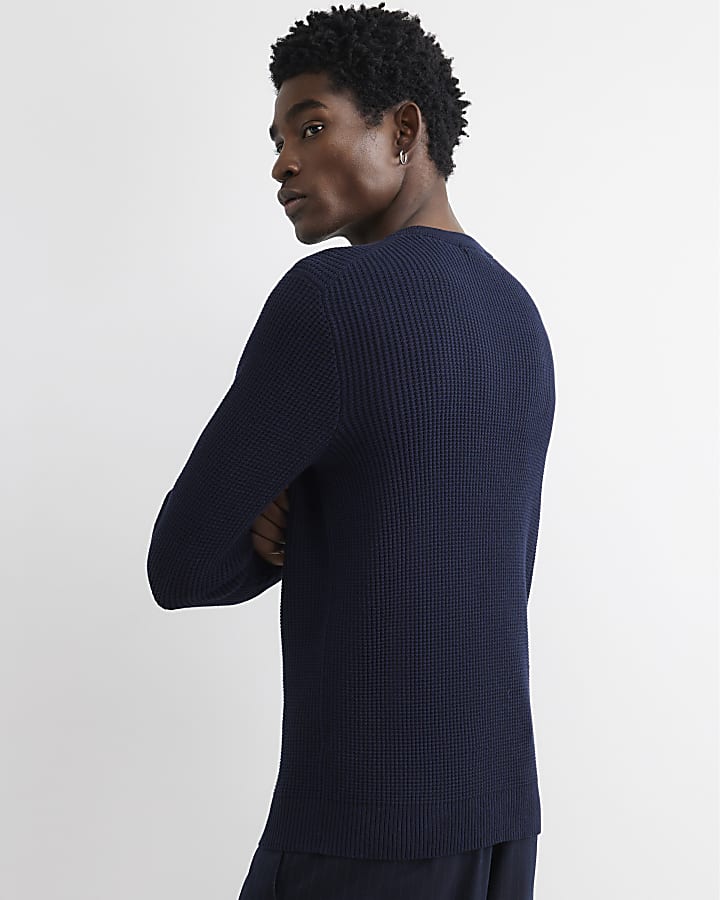 Navy Slim Fit Cotton Blend Waffle Jumper