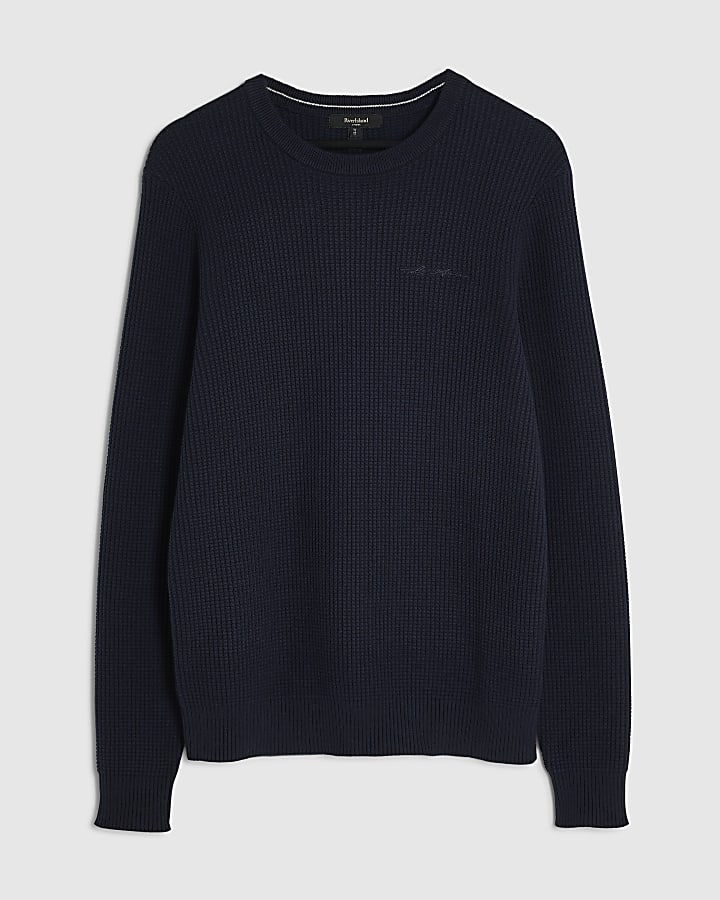 Navy Slim Fit Cotton Blend Waffle Jumper
