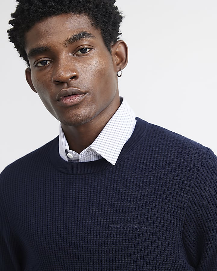 Navy Slim Fit Cotton Blend Waffle Jumper