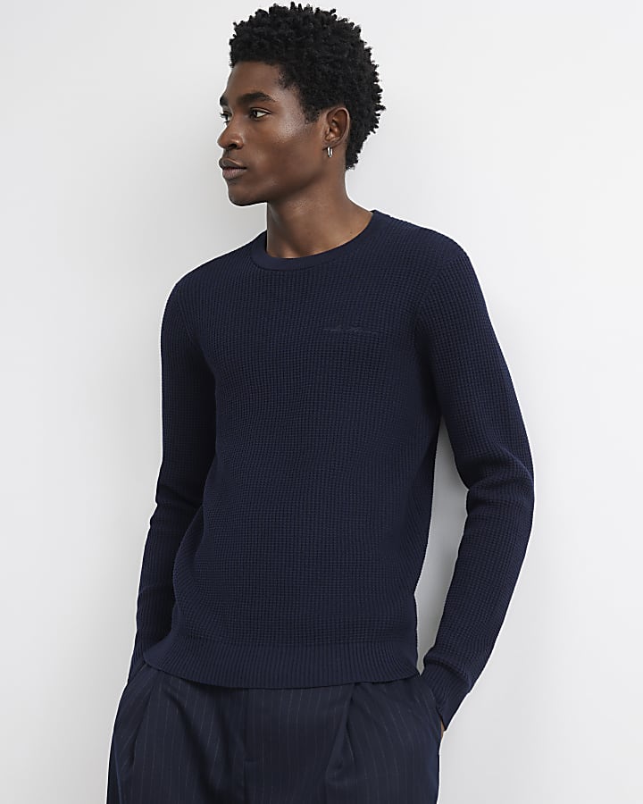 Navy Slim Fit Cotton Blend Waffle Jumper