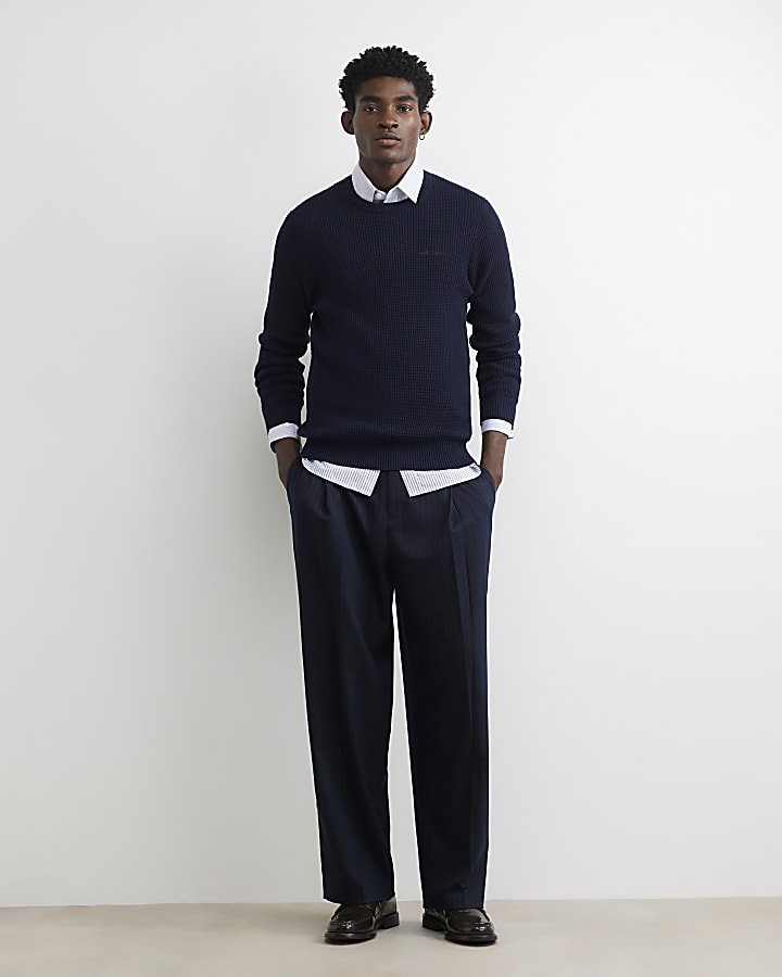 Navy Slim Fit Cotton Blend Waffle Jumper