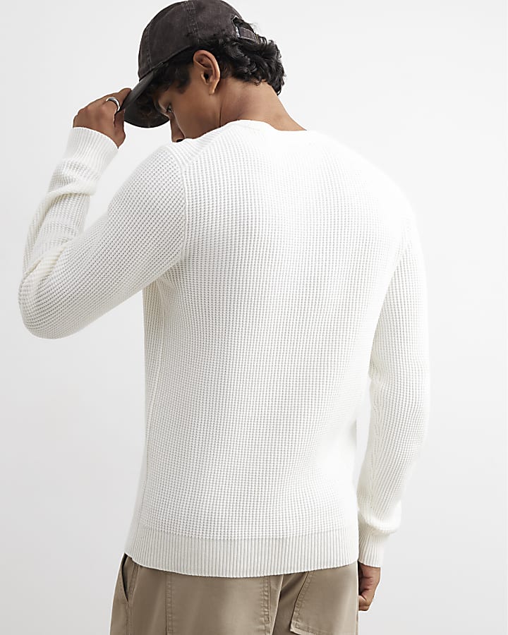 Cream Slim Fit Cotton Waffle Jumpers