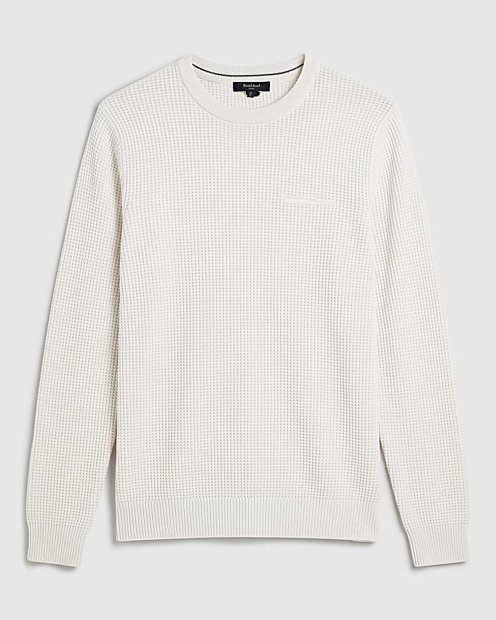 Cream Slim Fit Cotton Waffle Jumpers