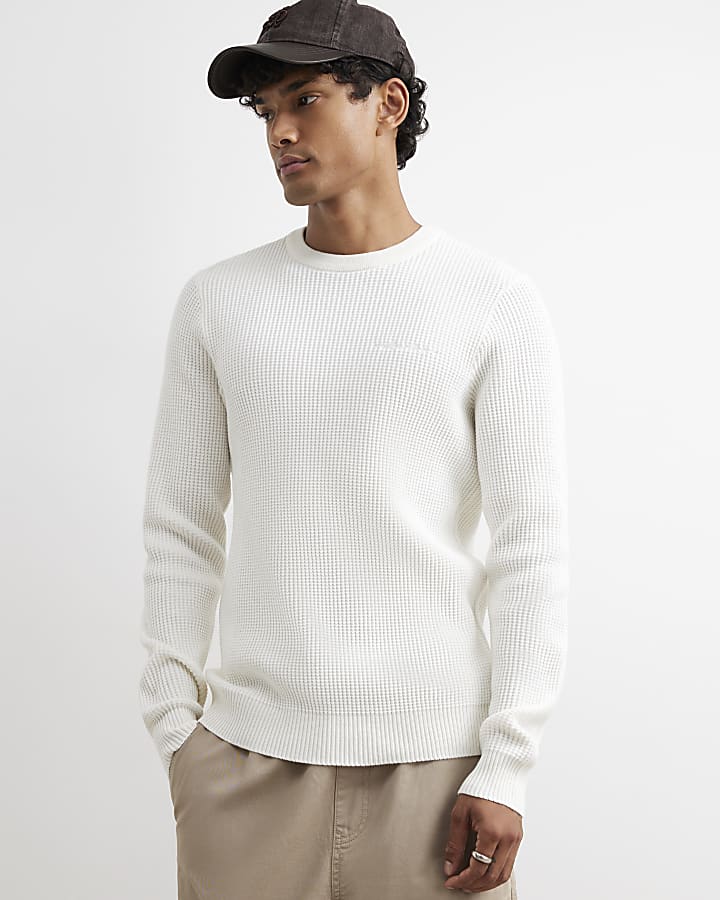 Cream Slim Fit Cotton Waffle Jumpers