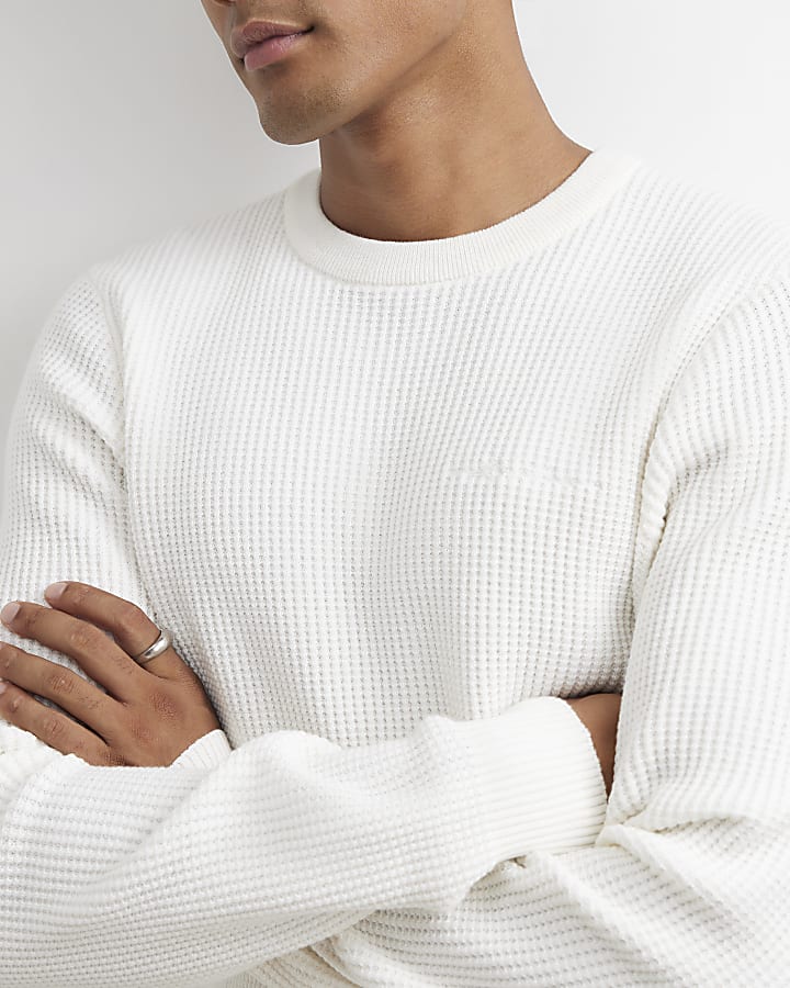 Cream Slim Fit Cotton Waffle Jumpers