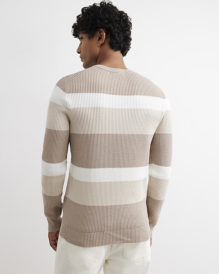 Beige Knitted Stripe Cotton Blend Jumper
