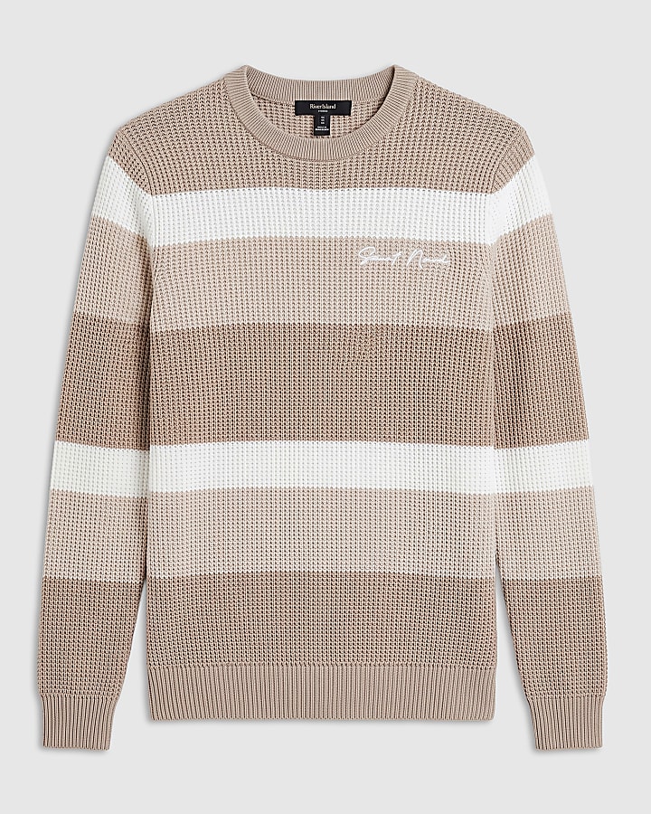 Beige Knitted Stripe Cotton Blend Jumper