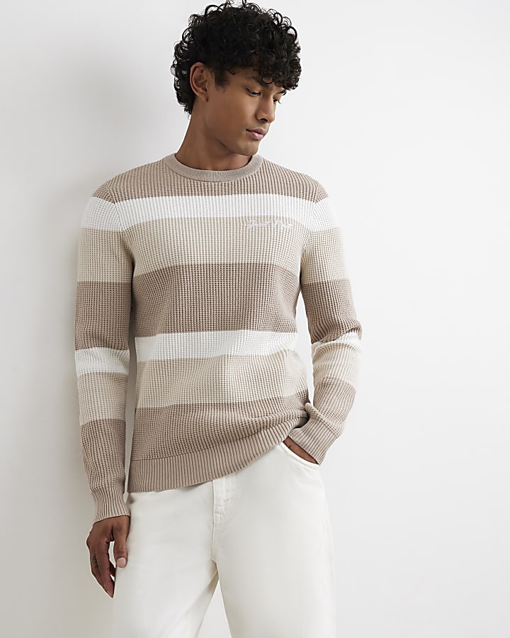 Beige Knitted Stripe Cotton Blend Jumper