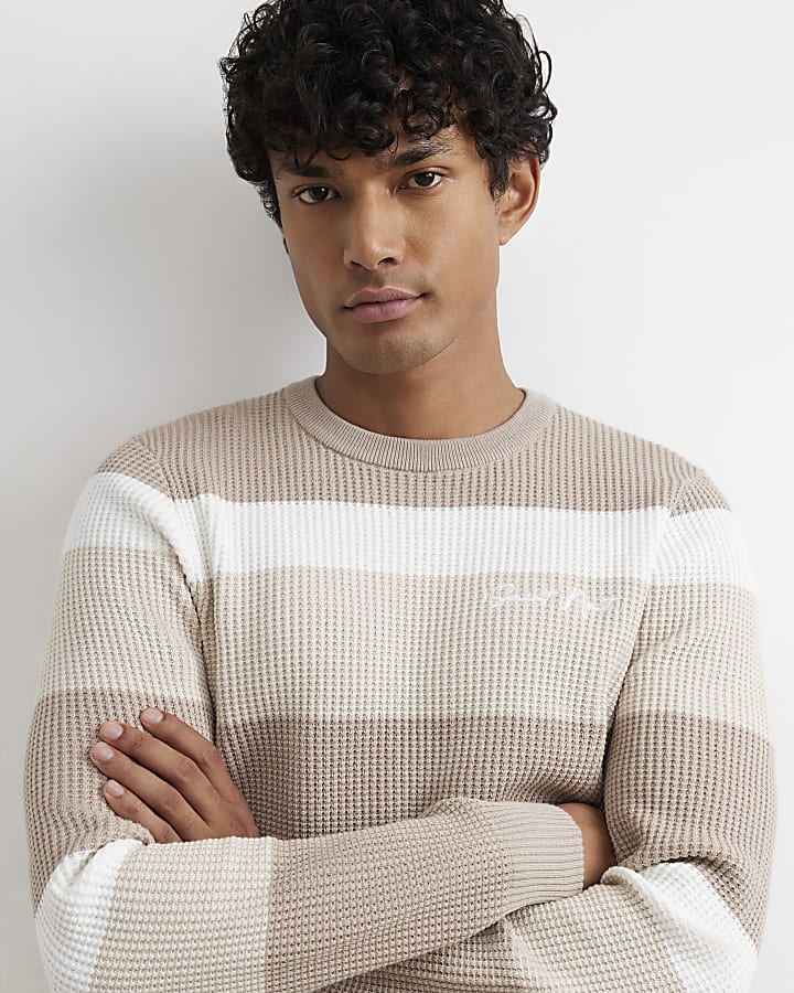 Beige Knitted Stripe Cotton Blend Jumper