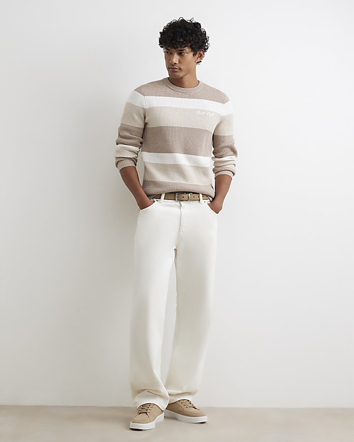 Beige Knitted Stripe Cotton Blend Jumper