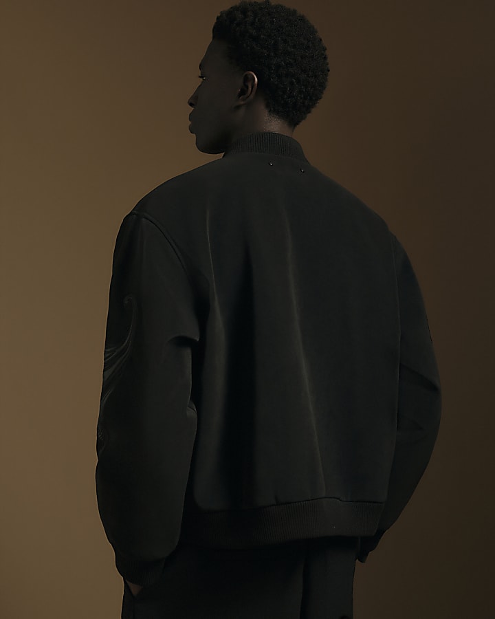Black Faux Suede Embroidered Bomber Jacket