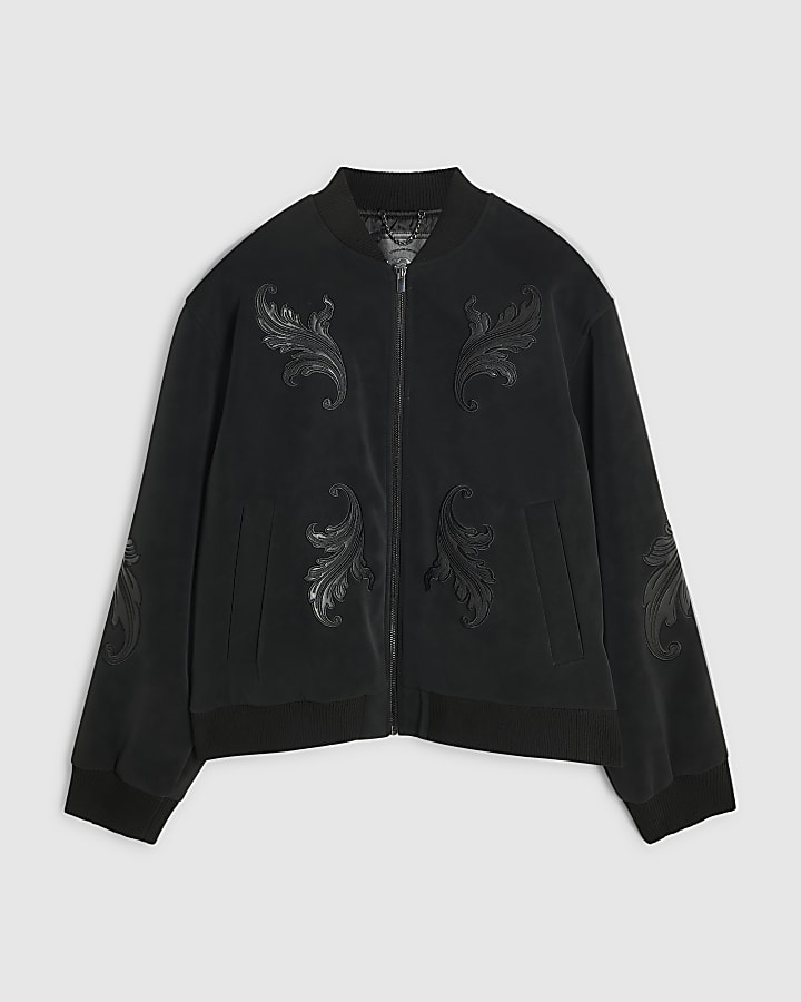 Black Faux Suede Embroidered Bomber Jacket