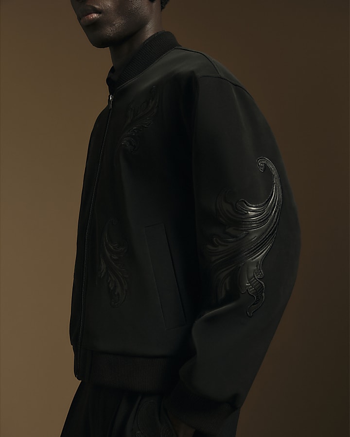 Black Faux Suede Embroidered Bomber Jacket