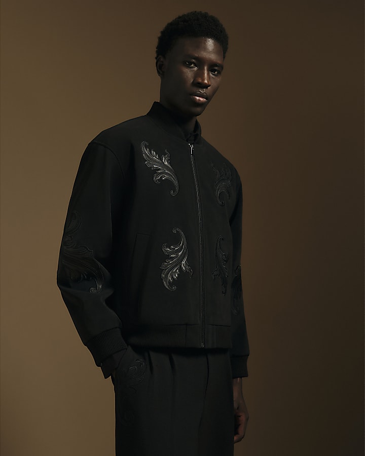 Black Faux Suede Embroidered Bomber Jacket