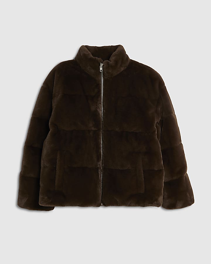 Brown Faux Fur Padded Puffa Jacket