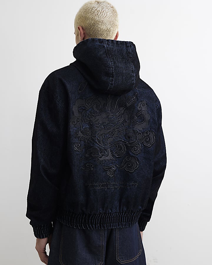 Navy Velvet Hooded Embroidered Jacket