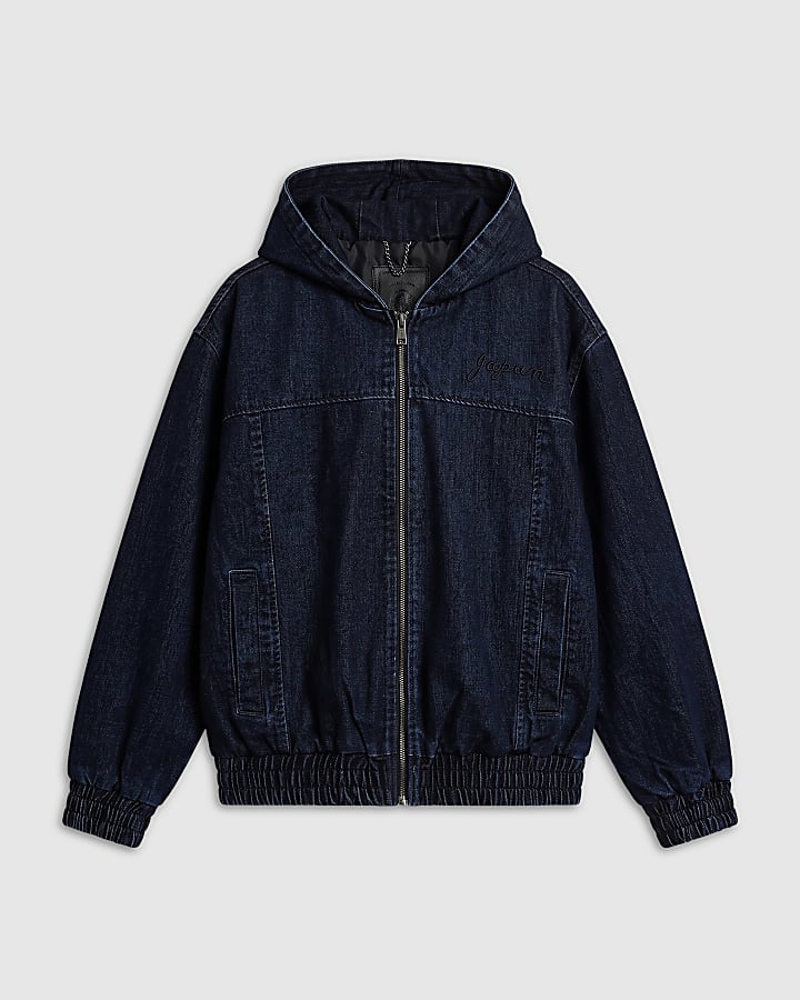 Navy Velvet Hooded Embroidered Jacket