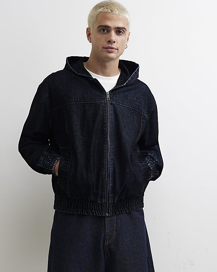 Navy Velvet Hooded Embroidered Jacket