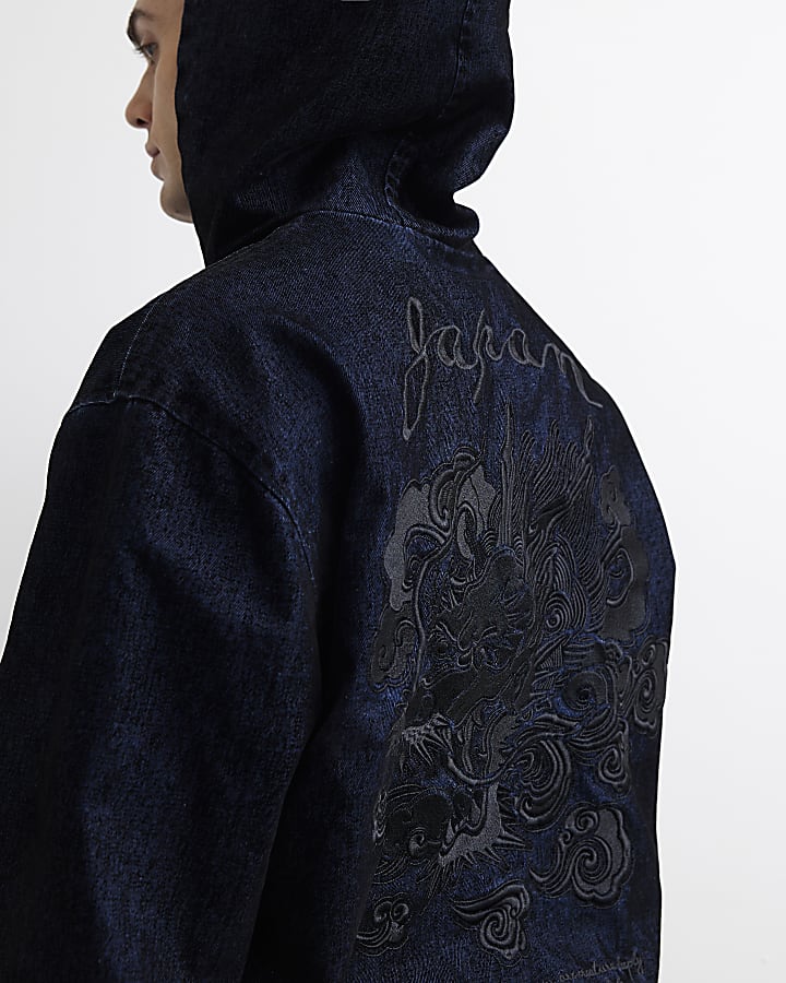 Navy Velvet Hooded Embroidered Jacket