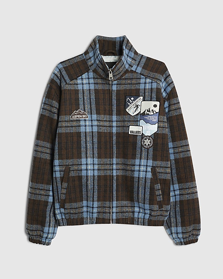 Blue Check Ski Badged Funnel Neck Jacket
