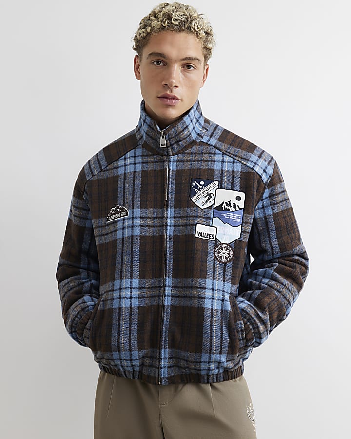 Blue Check Ski Badged Funnel Neck Jacket