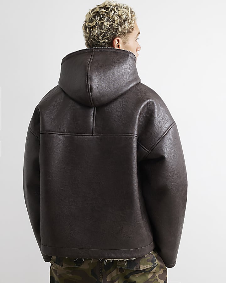 Brown Borg Lined Faux Leather Hoodie