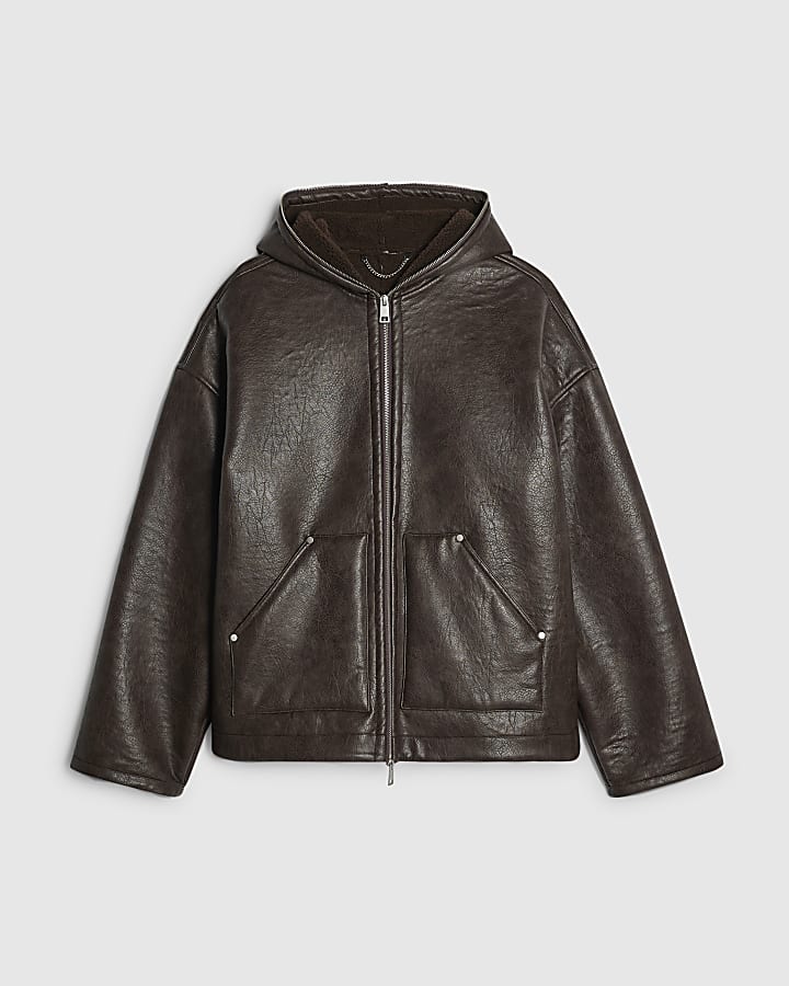 Brown Borg Lined Faux Leather Hoodie