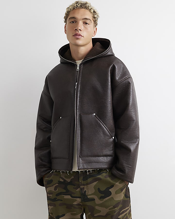 Brown Borg Lined Faux Leather Hoodie