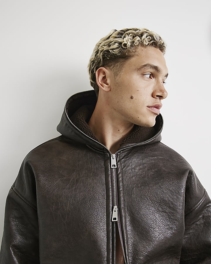 Brown Borg Lined Faux Leather Hoodie