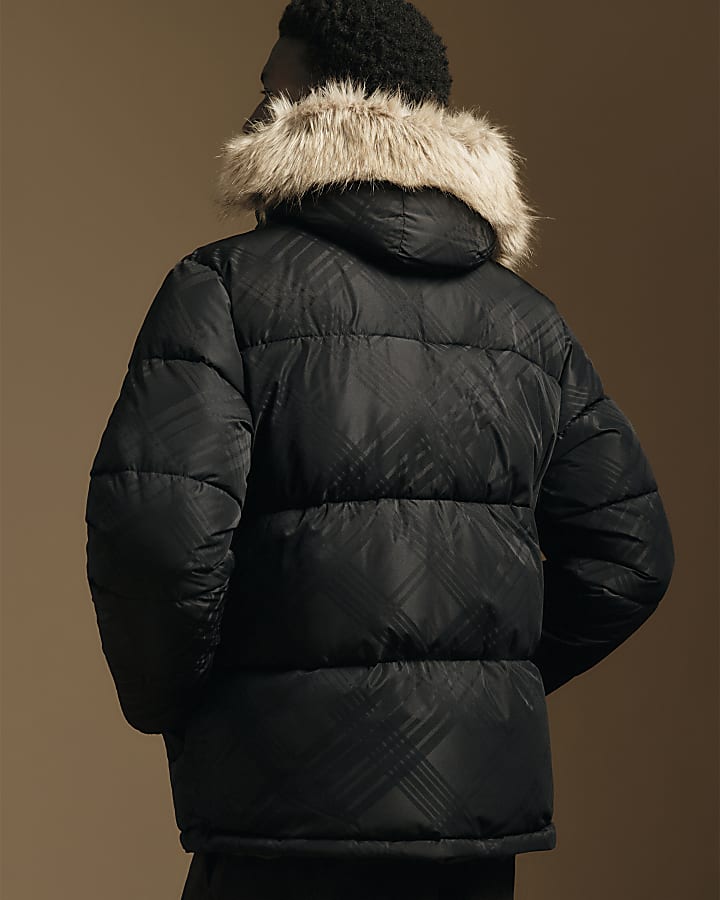 Black Check Hooded Puffer Jacket