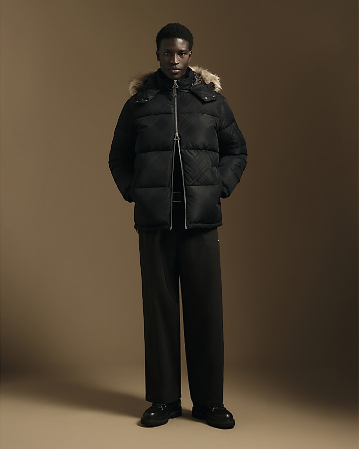 Black Check Hooded Puffer Jacket