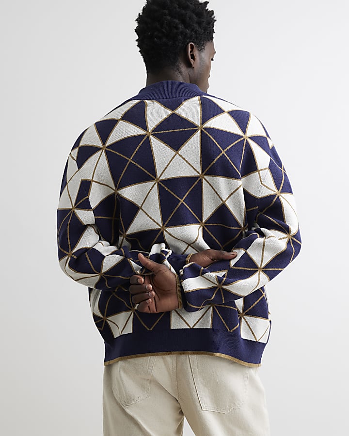 Navy Regular Fit Geometric Zip Cardigan