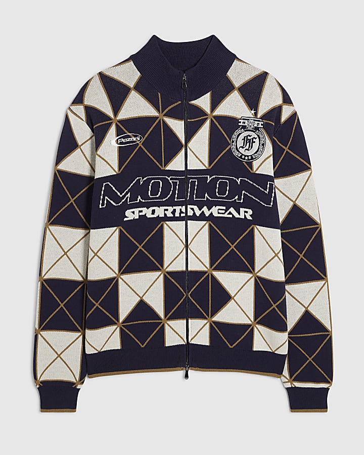Navy Regular Fit Geometric Zip Cardigan