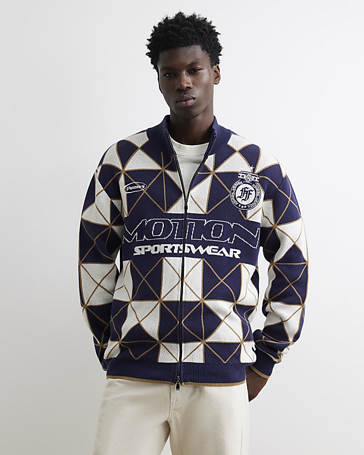 Navy Regular Fit Geometric Zip Cardigan