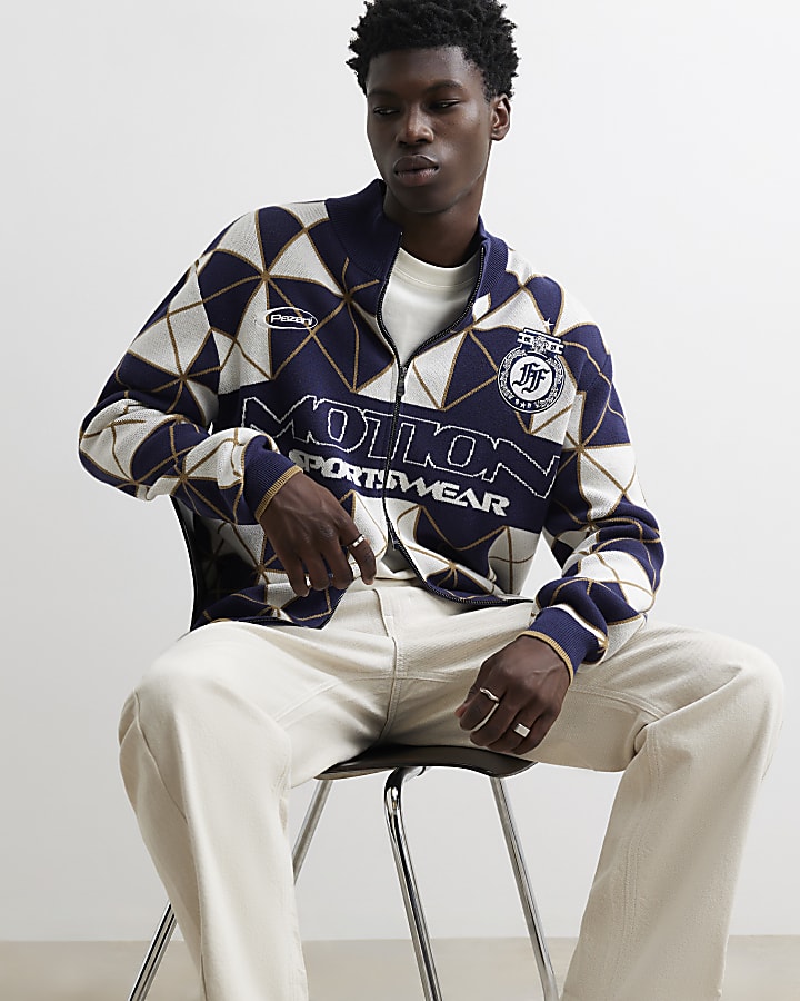 Navy Regular Fit Geometric Zip Cardigan