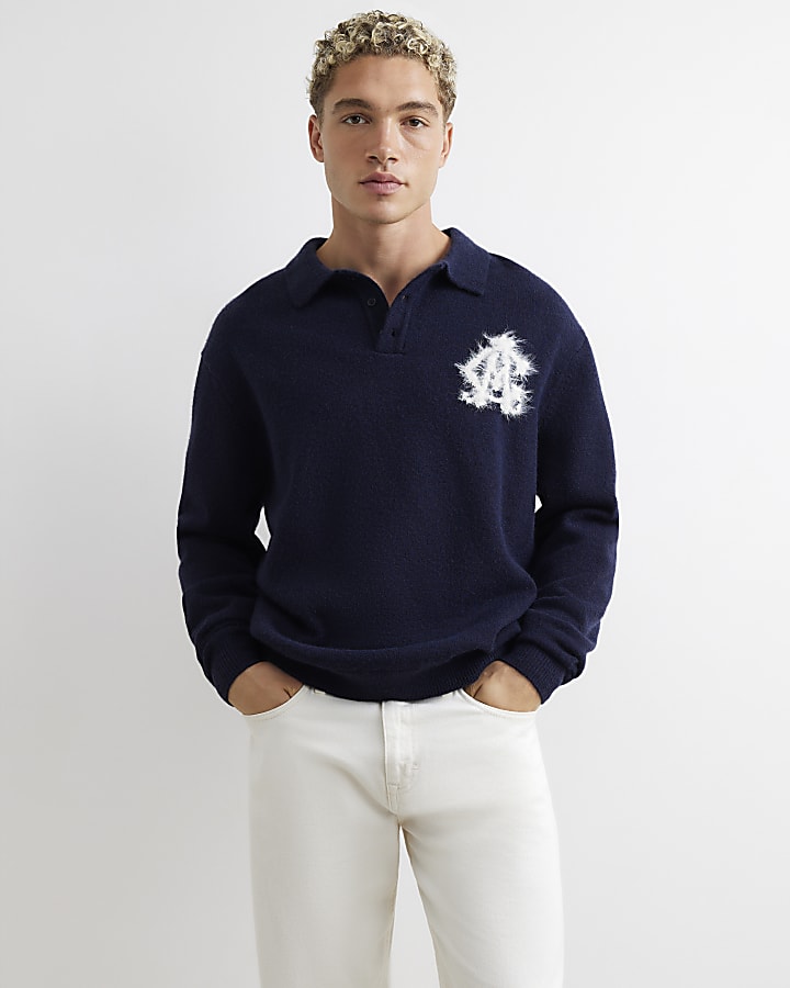 Navy Regular Fit Monogram Cosy Knit Jumper