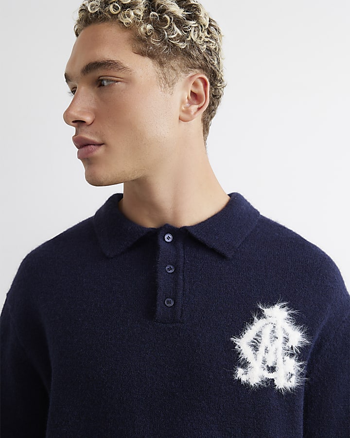 Navy Regular Fit Monogram Cosy Knit Jumper