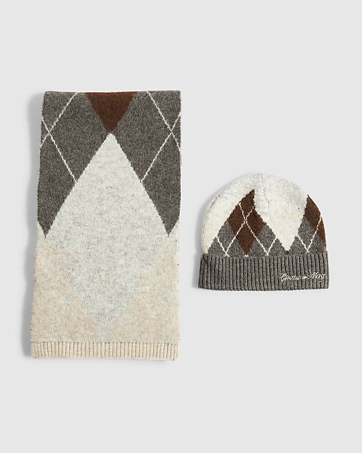 Grey Argyle Cold Weather Scarf And Beanie Set
