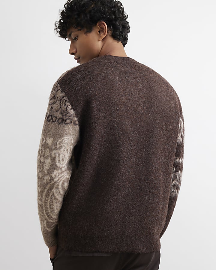 Brown Boxy Fit Paisley Brushed Cardigan