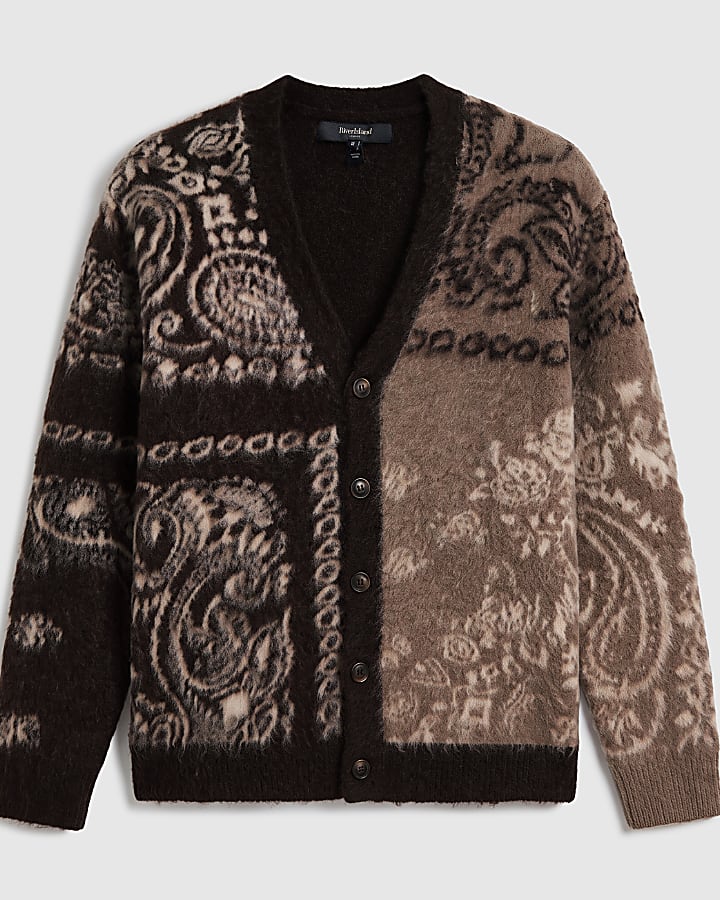 Brown Boxy Fit Paisley Brushed Cardigan