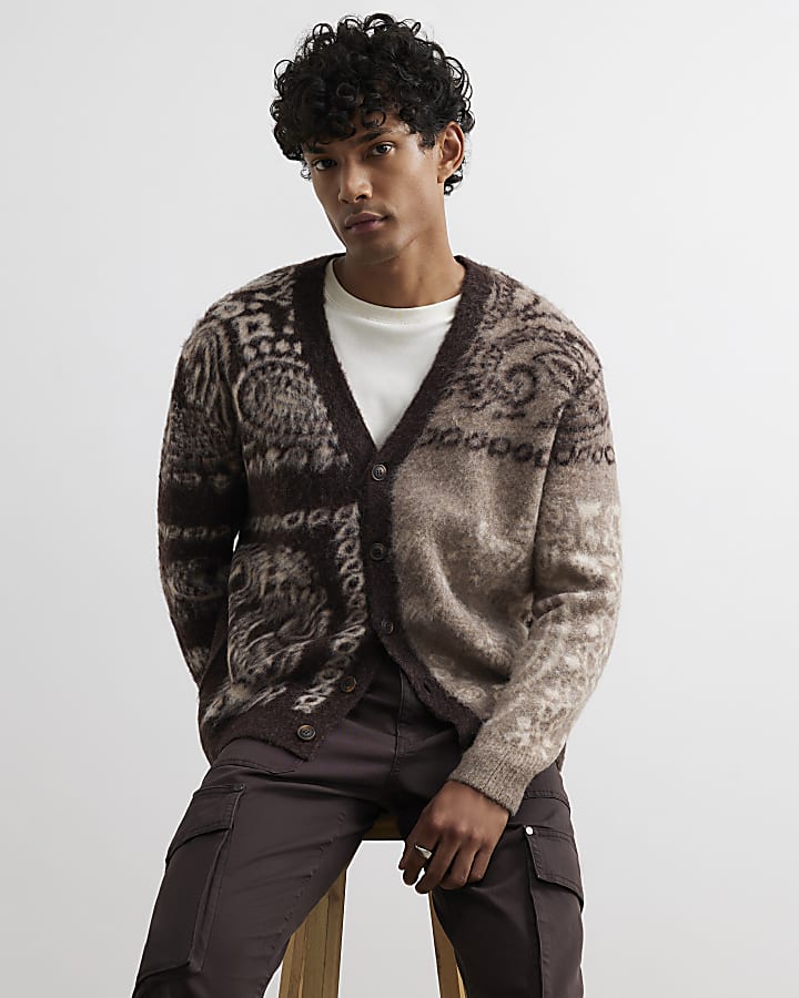 Brown Boxy Fit Paisley Brushed Cardigan