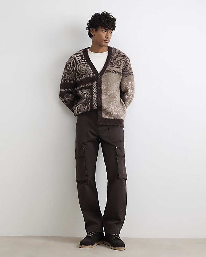 Brown Boxy Fit Paisley Brushed Cardigan